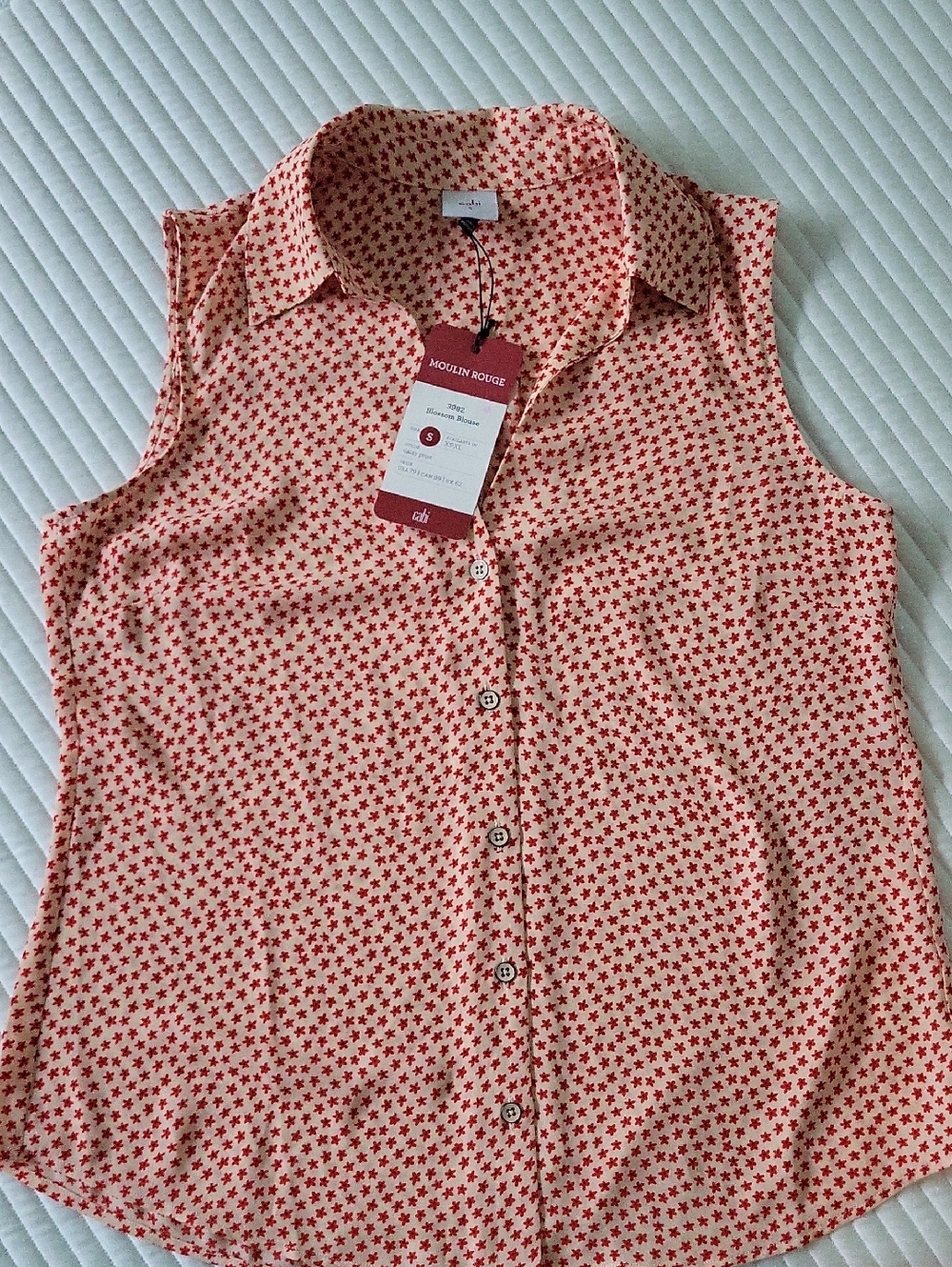 CAbi Moulin Rouge Sleeveless Button-Down Top - Red on Cream